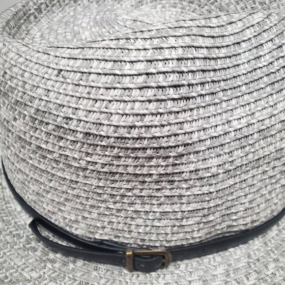 August Hat Co Wide Brim Woven Sun Hat Paper Straw Light Gray Black Accent Strap - Picture 11 of 11